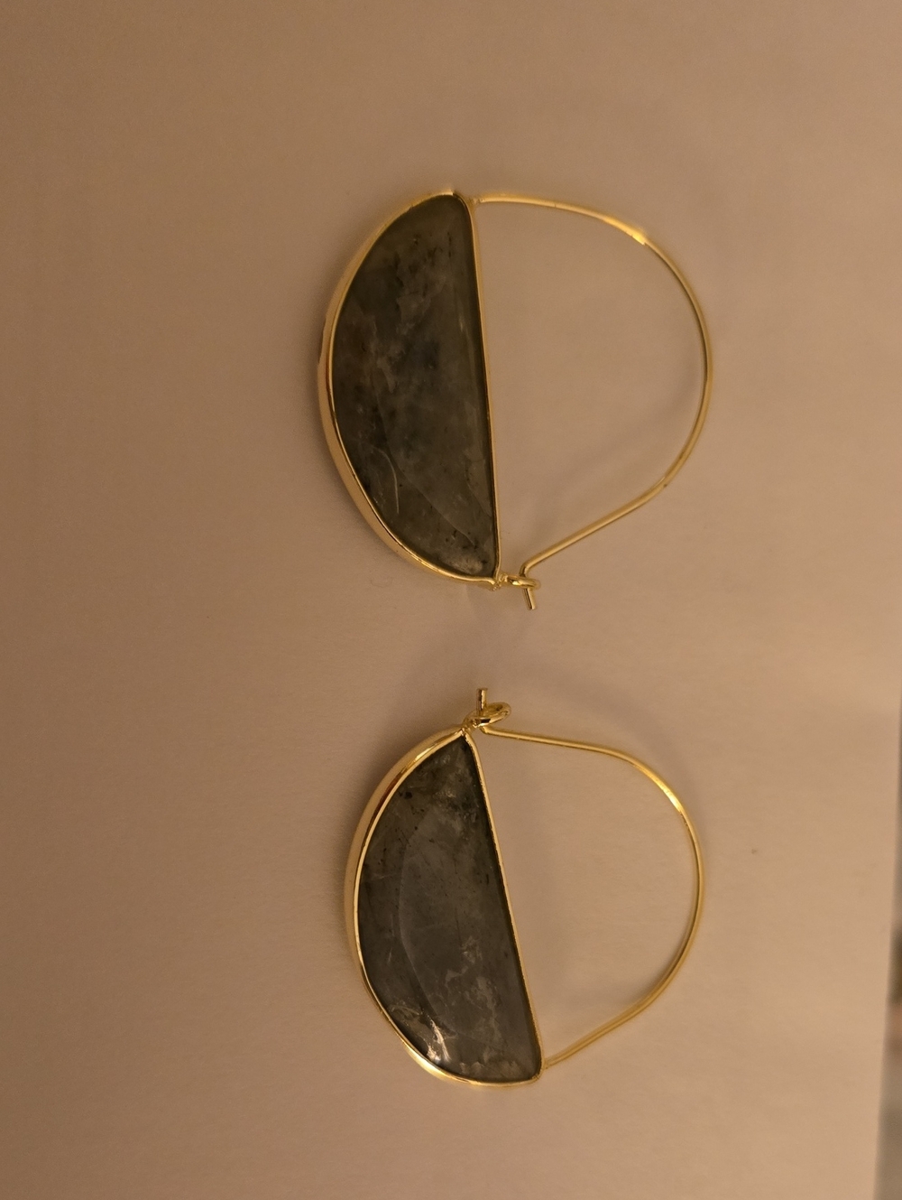 Gold Hoop Earrings with Dark Gray Stone Inset